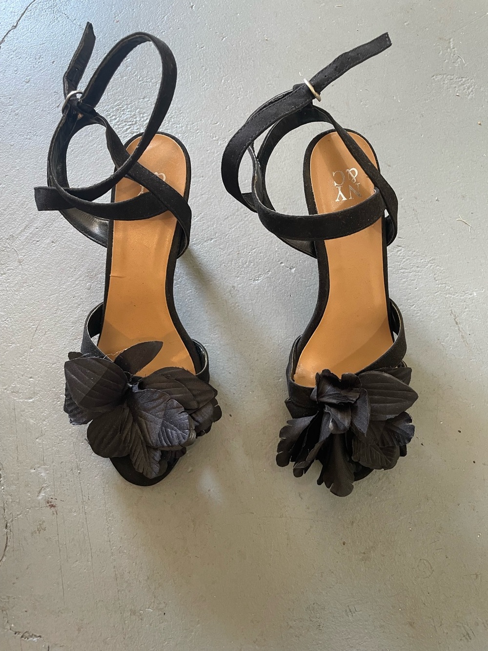New York & Company Black Floral Ankle-Strap Heels